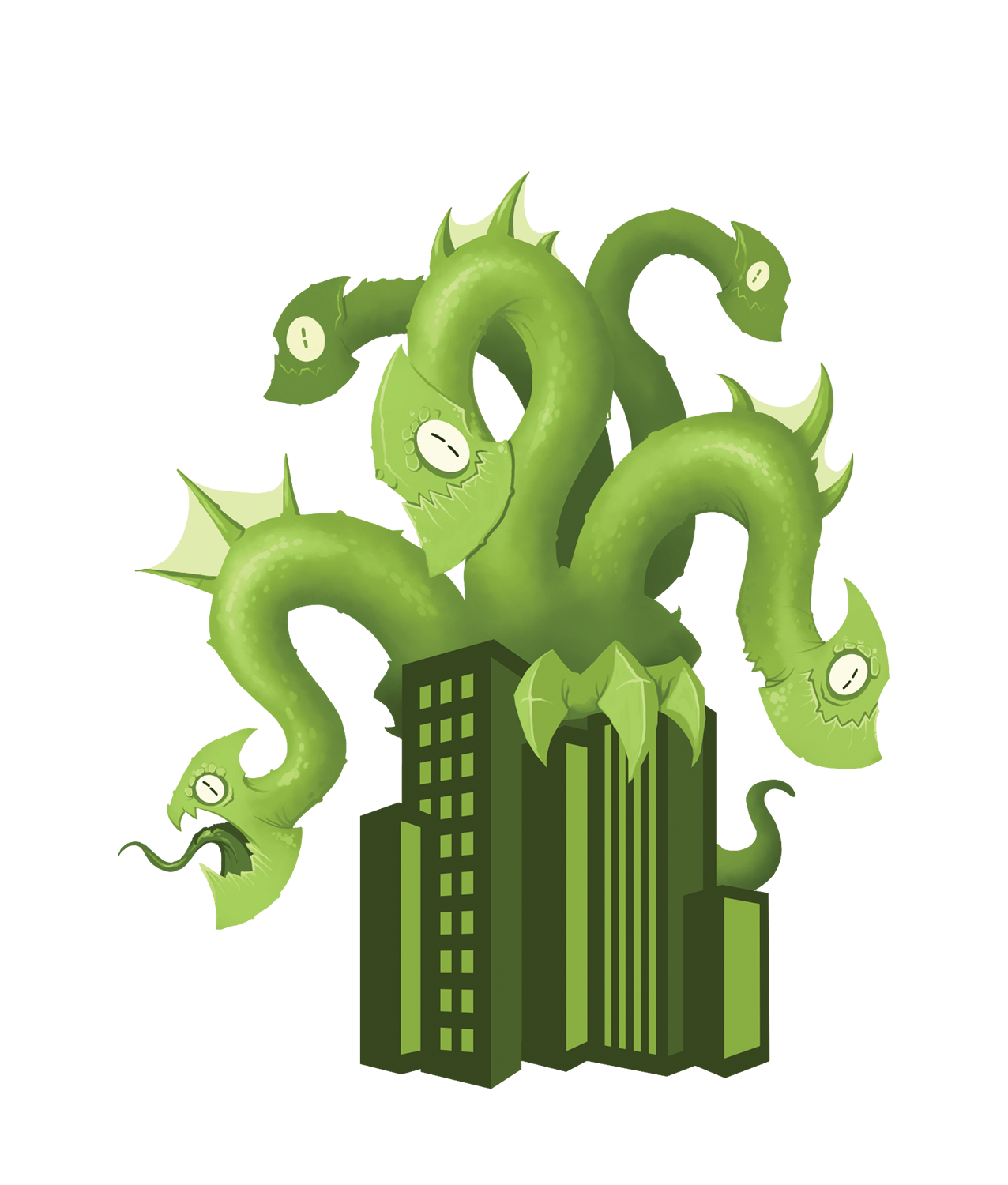 An illustrated multi-headed monster dwarfs the city skyline