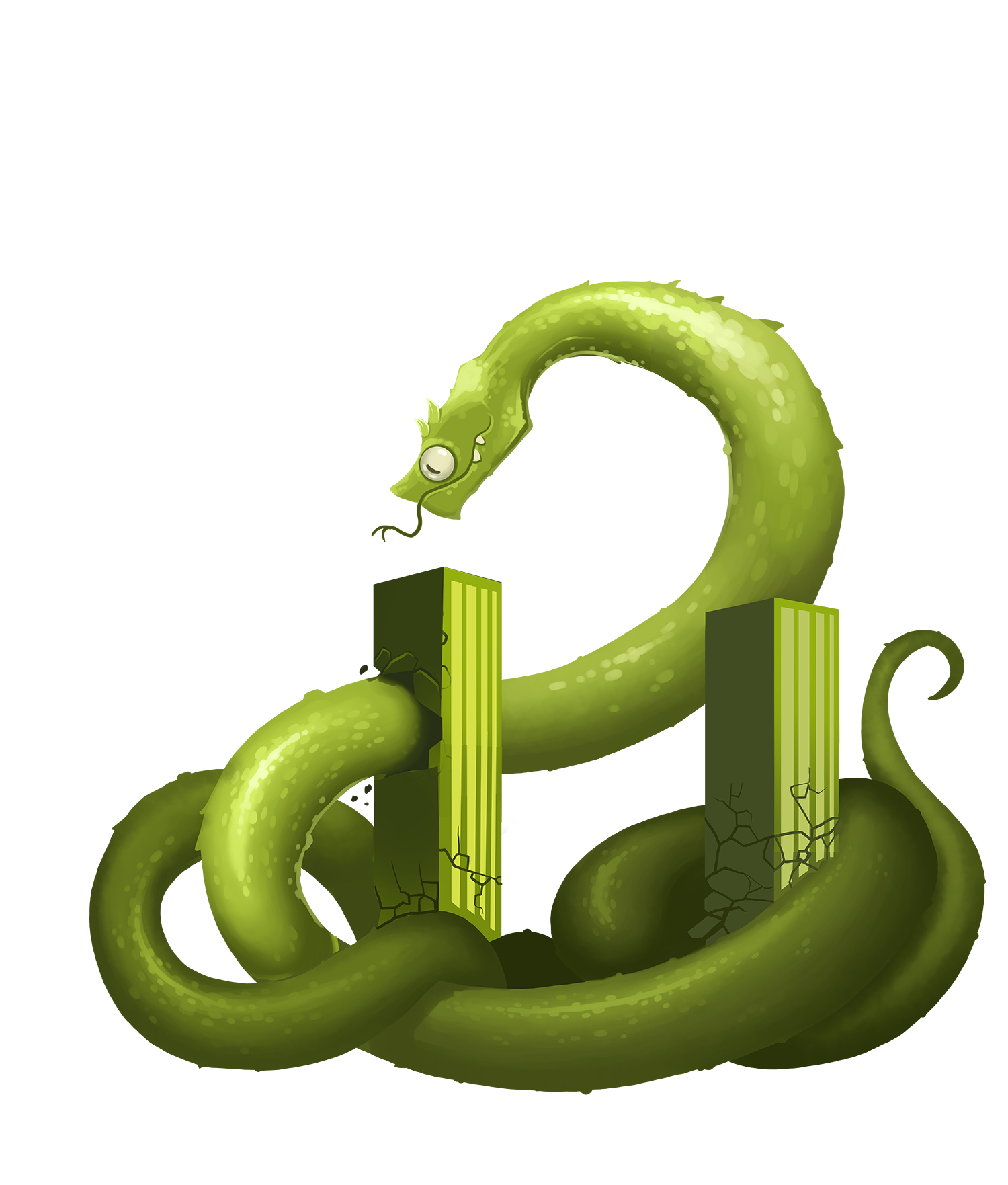 A giant illustrated green snake tears through a building.